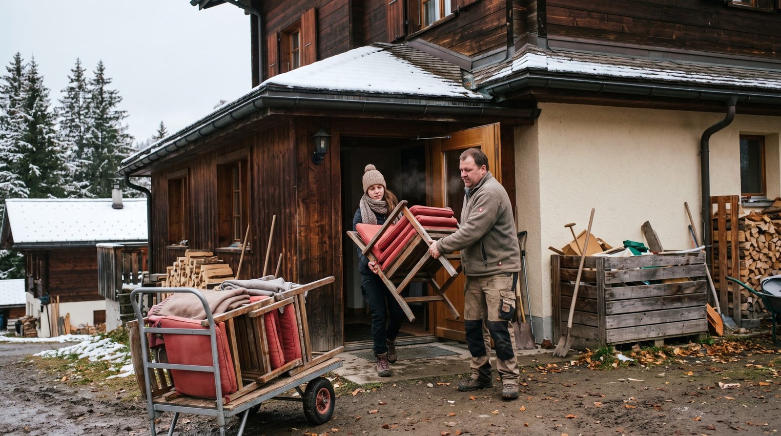 Zwei Mitarbeitende tragen im Spätherbst Terrassenstühle in ein Berghotel, erster Schnee auf den Dächern