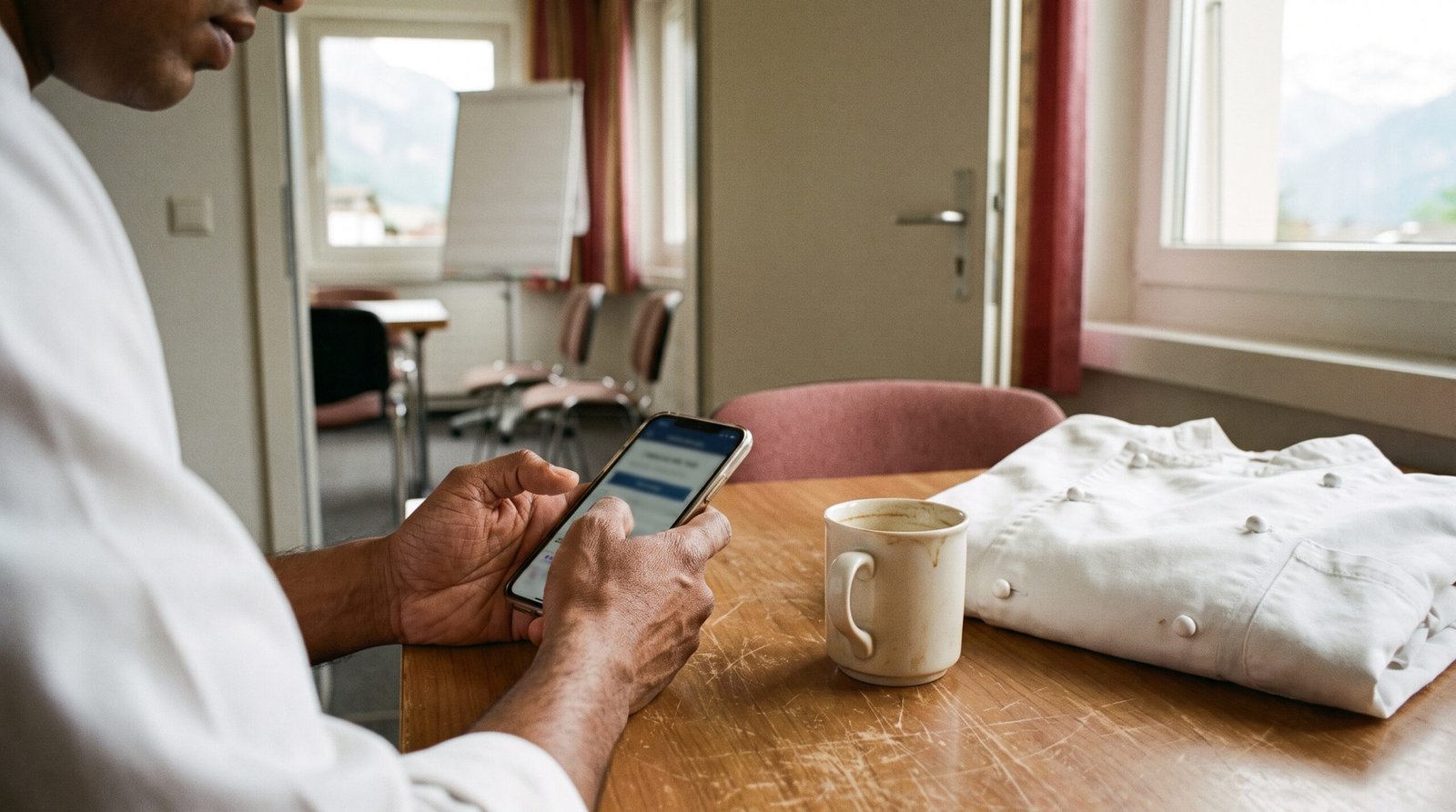 Ein Küchenmitarbeiter übt in der Pause mit einer Lern-App am Handy, daneben Kaffee und Kochjacke