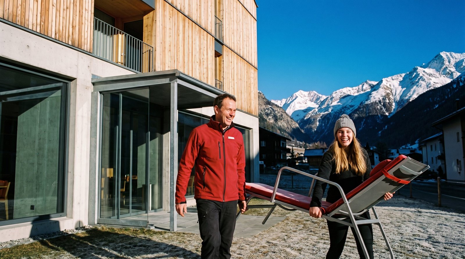 Zwei Mitarbeitende tragen lachend Liegestühle vor ein modernes Berghotel mit Lärchenfassade