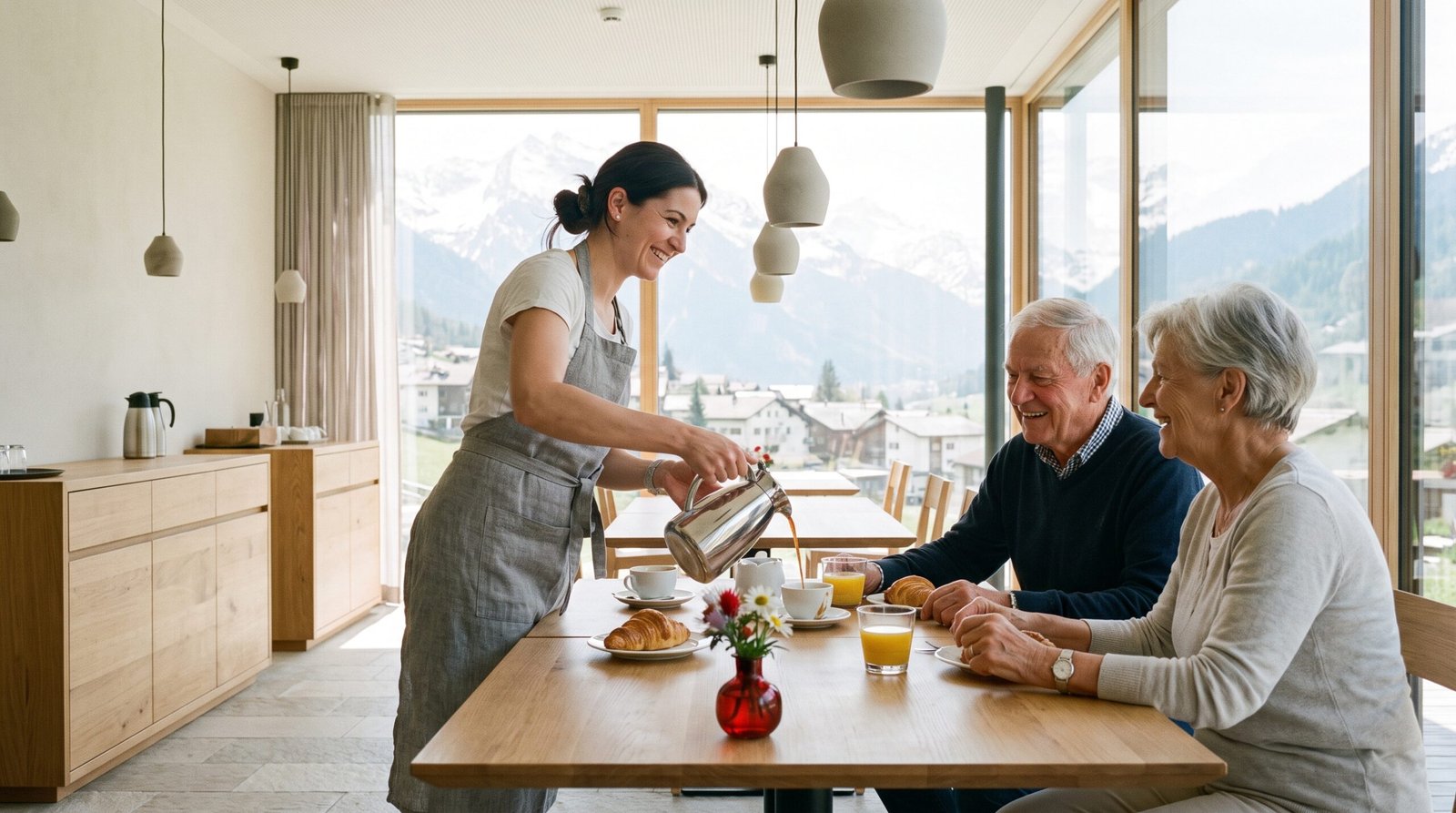 Servicemitarbeiterin schenkt einem Gästepaar im modernen Frühstücksraum mit Bergblick Kaffee ein