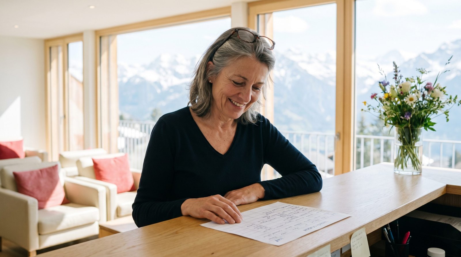 Hotelchefin mit Wochenplan an der hellen Rezeption mit Bergblick